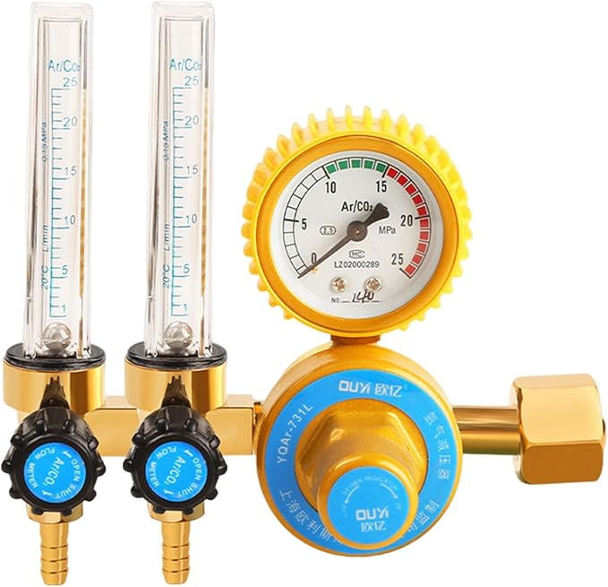 Amagogo Regulator Welder Argon CO2 Regulator Meter Pressure Gauge Aluminum Alloy Gas Regulator Welders Flowmeter Suitable for Chemical Electronics MIG We, double