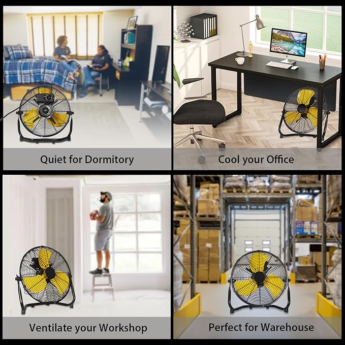 12 Inch Portable Metal Floor Fan, 3 Speed Table and Shop Fans with 180° Tilt, Quiet and Durable, High Velocity Fan 1600 CFM, Ideal for Bedroom, Garage, Workshop