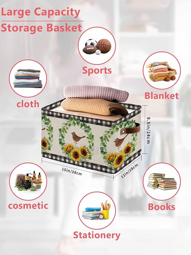 Spring Eucalyptus Sunflower Storage Bins Cubes Waterproof Cloth Storage Basket,Farmhouse Birds Rustic Burlap Foldable Storage Bags for Shelf Clothes Storages Organizers with Handles 15x11x9.5 in 2PCS