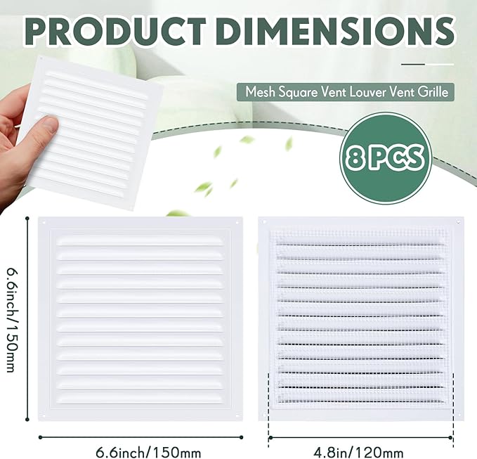 8 Pcs 6 x 6 Inch Aluminum Gable Vents Attic Vents Metal Gable Wall Shed Vent with Screw and Screen Mesh, Square Return Louver Grille for Ventilation Exterior Door House Attic Garage Ceiling
