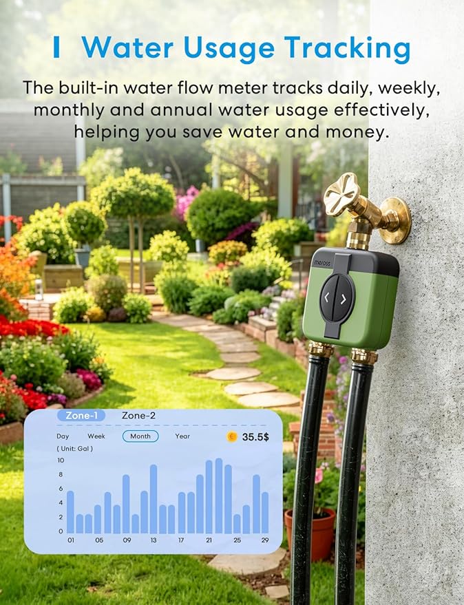 meross WiFi Water Timer for Garden Hose, 2 Zone WiFi Hose Timer with Brass Inlet and Outlet, WiFi Sprinkler Controller, Rain Delay, Smart Water Valve for Garden, Lawn & Yard, Hub Required