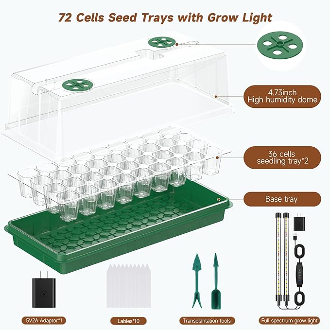 72 Cells Seed Starter Tray with Grow Light, Seed Starter Kit Full Spectrum with 5 Dimmable Brightness & Timer, Indoor Plant Grow Tray for Beginners & Seasoned Gardeners, Gardening Gifts