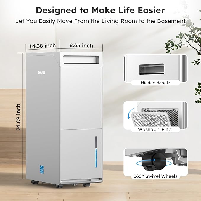 5000 Sq.Ft Energy Star Most Efficient 2024 Dehumidifier,DECIUU Max 100 Pint Dehumidifier for Basement with Drain Hose,Intelligent Humidity Control for Home Bathroom Garage Bedroom
