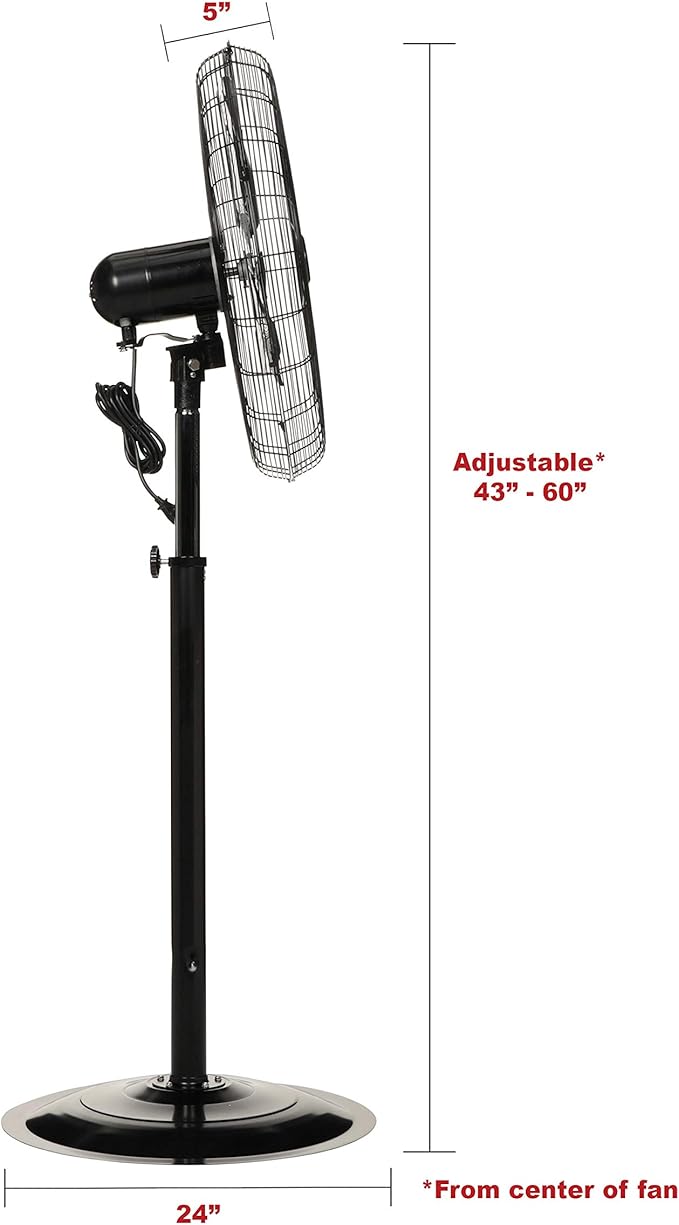 TPI Corporation CACU24-PO Oscillating Commercial Pedestal Fan, 24" Blade Diameter, Unassembled, Includes Pedestal Mount Kit, 3 Speed 120 Volt Motor, 9' Cordset, Black