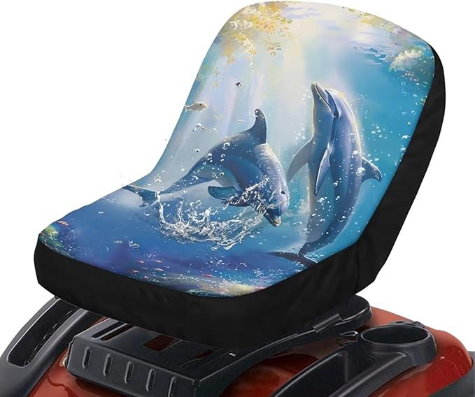 Dolphins Riding Lawn Mower Seat Cover, Waterproof Wear-Resistant Lawn Mower Seat Cover with Pockets, Heavy Duty Tractor Seat Cover for Most Lawnmowers
