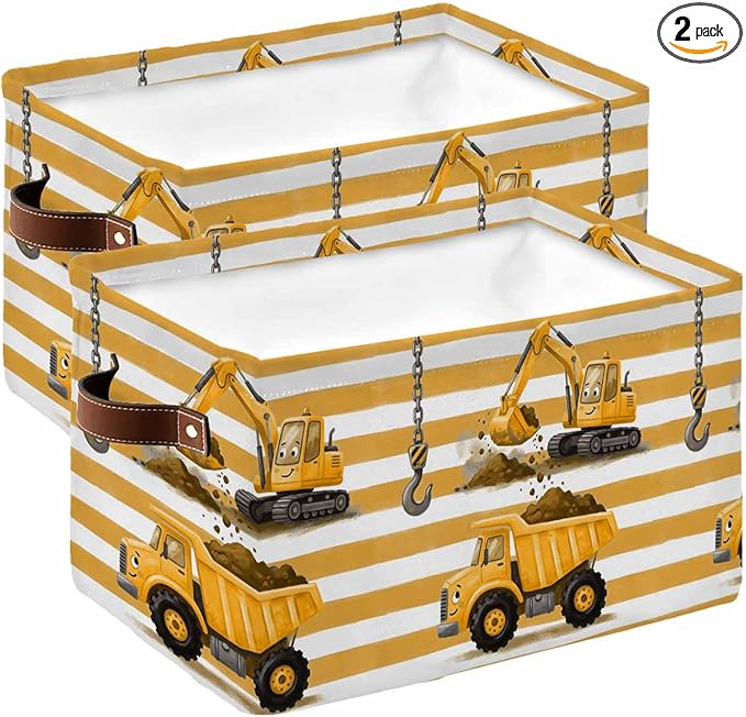 Yellow Truck Storage Bins Cubes Waterproof Cloth Storage Basket, Cartoon Striped Farmhouse Modern Art Foldable Storage Bags for Shelf Closet Clothes Organizers with Handles 15x11x9.5 in 2PCS