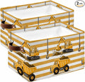 Yellow Truck Storage Bins Cubes Waterproof Cloth Storage Basket, Cartoon Striped Farmhouse Modern Art Foldable Storage Bags for Shelf Closet Clothes Organizers with Handles 15x11x9.5 in 2PCS