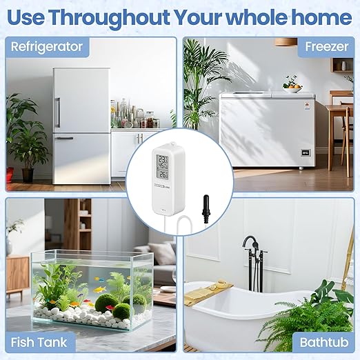 WiFi Refrigerator Thermometer Hygrometer with Alarm, Freezer Temperature with Probe, Wireless Digital Fridge Thermometer Humidity Sensor, Free Data Export for Home Kitchen Fridge Tub