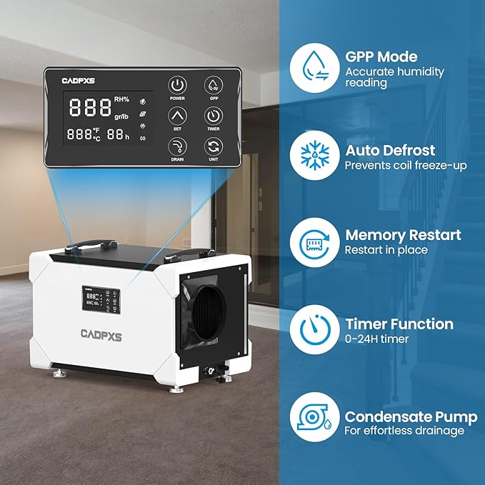 CADPXS Crawlspace Dehumidifier with Pump and Drain Hose, 145 Pints Commercial-Grade Dehumidifier for Crawl Spaces, Basements, Industrial and Water Damage Use, Large Capacity, 5 Years Limited Warranty