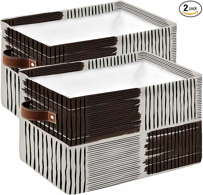 Black Striped Storage Bins Cubes Waterproof Cloth Storage Basket, Farmhouse Stripes Modern Abstract Art Foldable Storage Bags for Shelf Clothes Storages Organizers with Handles 15x11x9.5 in 2PCS