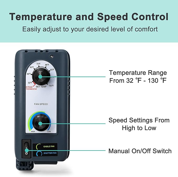 10 Inch Shutter Exhaust Fan with Thermostat and Speed Controller, Wall Mounted Vent Fan for Attic, Greenhouse, Shed, Garage, Chicken Coop, Shop Ventilation, 820 CFM, 1200 SQF Coverage Area