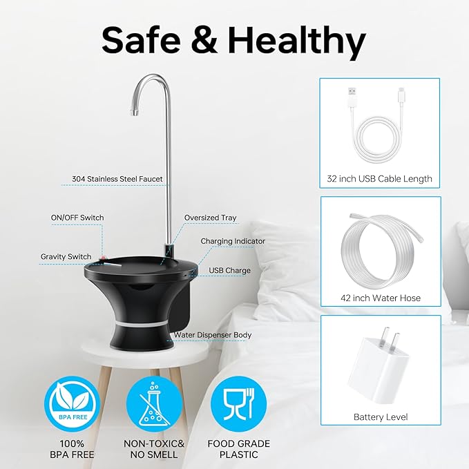 Drinking Water Dispenser Pump, Automatic Electric Drinking Water Bottle Pump for 2-5 Gallon Water Jugs, USB Rechargeable with 2 Switch Control, Stable and Portable for Home, Kitchen, Office, Camping