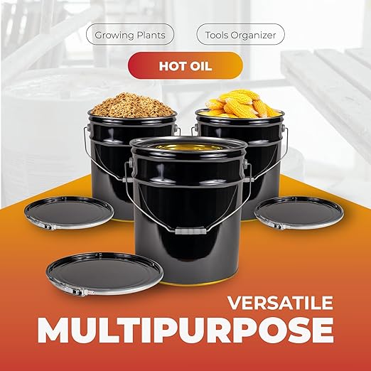 ATERET 5 Gallon Black Metal Bucket & Lever Lock Pail Lid, Heavy Duty Durable Pails and Lids for Outdoor and Household Use
