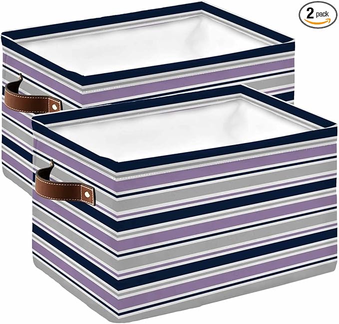 Purple Grey Striped Storage Bins Cubes Waterproof Cloth Storage Basket,Farmhouse Stripes Modern Abstract Art Foldable Storage Bags for Shelf Clothes Storages Organizers with Handles 15x11x9.5 in 2PCS