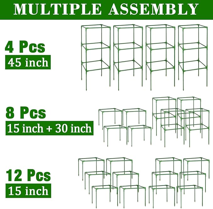 ZeeDix 45 Inch Tomato Cages 4 Pack, Heavy Duty Adjustable Metal Garden Plant Supports for Climbing Vegetables - Square Cage for Tomatoes, Cucumbers, Peas, Flowers with 40 Plant Clips