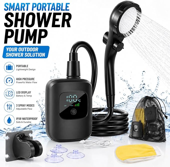 2026 Upgraded Smart Portable Shower Pump,Rechargeable Camping Shower with LED Display,3 Spray Modes High Pressure Portable Shower Head for Camping,Travel,Hiking,Pet Bath