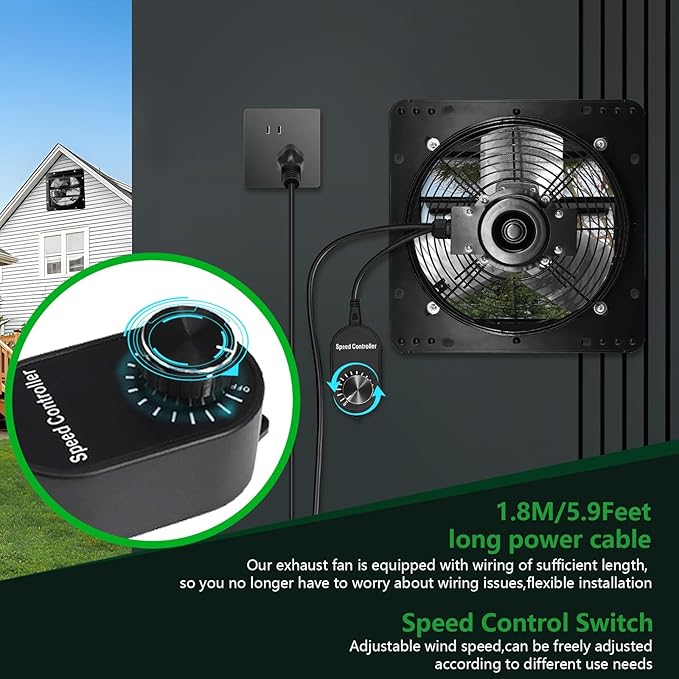 Shutter Exhaust Fan, 10 in Wall Mount Ventilation Fan w/Speed Controller Attic Vent Fan for Chicken Coops, Greenhouse, Gable, Barn, Garage, Shed Ventilator 820 CFM,1700RPM