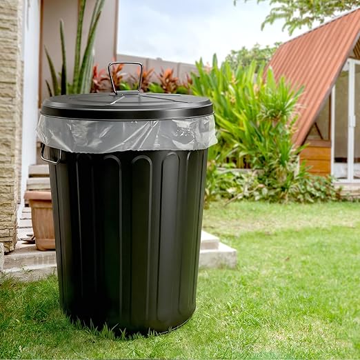 Plexon 20 Gallon Metal Trash Can with Lid Outdoor Large Trash Bin Steel Garbage Can for Garage Patio Farmhouse Bucket Bird Seed Storage Can Heavy Duty Round Container, Black 2 Pack
