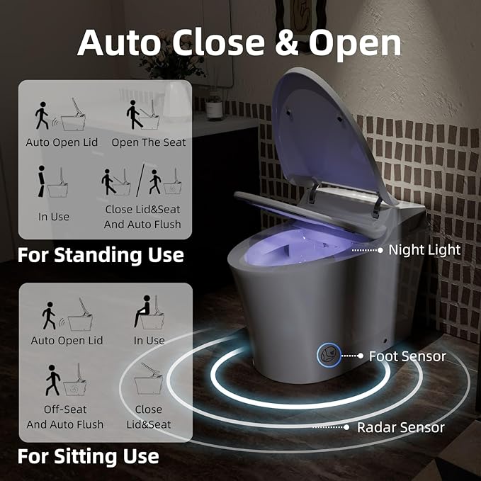 Y1 Smart Toilet, 1000g MaP Quiet Large-Pump Tech Flush, Foam Shield, ADA Comfort Elongated Bidet Toilet, Built in Tank, Dual Remotes, Auto Lid, Instant Warm Water & Air Dryer, Heated Seat