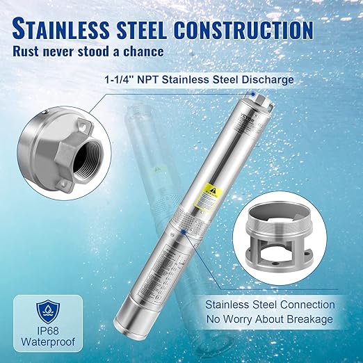 VEVOR Deep Well Submersible Pump, 1HP 115V/60Hz, 37gpm Flow 207ft Head, with 33ft Electric Cord, 4" Stainless Steel Water Pump for Industrial, Irrigation&Home Use, IP68 Waterproof Grade