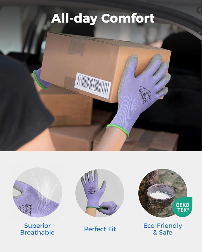 toolant Crinkle Latex Work Gloves Bulk, Rubber Coated Safety Work Gloves for Men and Women, 12 Pairs for Construction, Gardening, Warehouse (Purple & Yellow, XX-Large)