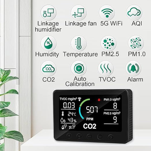 12 in 1 Air Quality Monitor Indoor, with WiFi and APP,Air Quality Tester for Home,Air Quality Meters for CO2,TVOC,PM1.0,PM2.5,AQI,Temperature and Humidity,Detector for Home,Office (Black)
