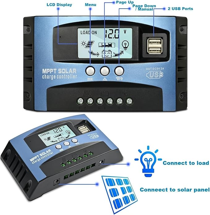 60A MPPT Solar Charge Controller, 12V/ 24V Solar Panel Battery Intelligent Regulator with Dual USB Port, LCD Display and Timer Setting ON/Off Hours