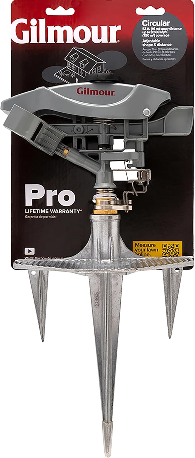 Gilmour Pro Heavy Duty Circular Water Sprinkler with Spike Base, Rotating Sprinkler Head with Adjustable Spray Pattern, Lawn Sprinkler for Large Area Coverage, Silver