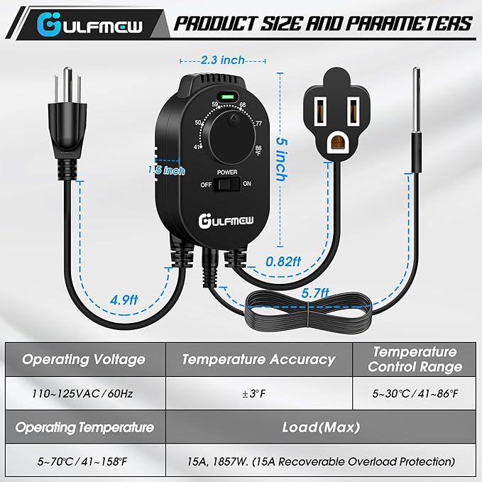 2 Pack Thermostat Outlet for Heater, One Temperature Controller Outlet with 4.9FT Power Cord, Heating and Cooling Thermostat Outlet with Temperature Probe for Space Heater, Greenhouse Fan