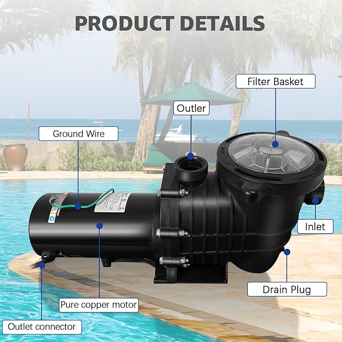 1.5 HP Swimming Pool Pump for Inground and Above Ground Pools, 110V/220V Dual Voltage Self Priming Pump, 1100W 60HZ High Flow Motor with Strainer Filter Basket & Drain Plug, Silent Operation