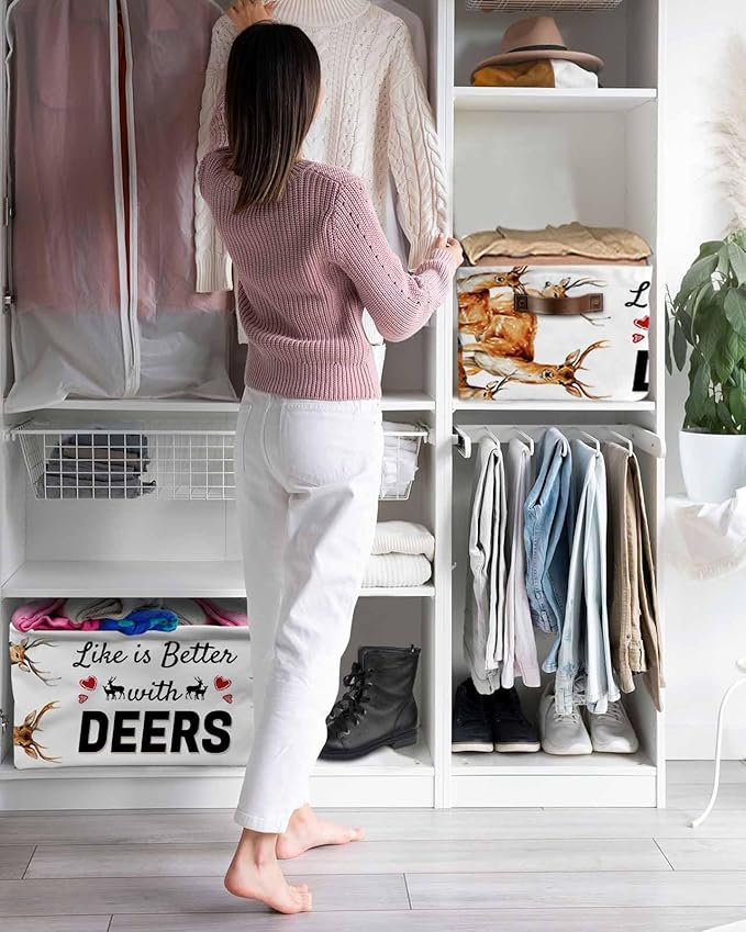 Deer Storage Bins Cubes Waterproof Cloth Storage Basket, Wildlife Animals Farmhouse Country Elk Foldable Storage Bags for Shelf Closet Clothes Storages Organizers with Handles 15x11x9.5 in 1PCS