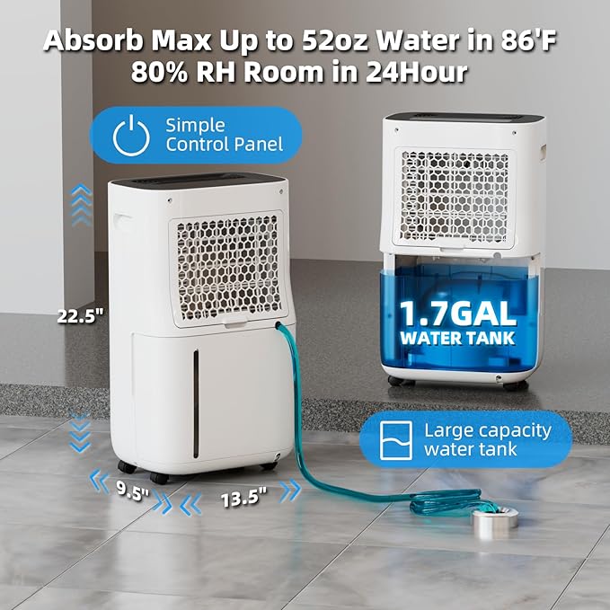 5,000 Sq.Ft 2025 Dehumidifier 80 Pint/Day Dehumidifier for Basement, Bedroom, Home, Bathroom, Smart Compressor Dehumidifier with Drain Hose, Intelligent Humidistat 24H Timer,Child Lock,Defrost,Silent