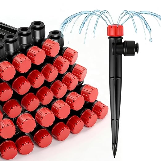 RedChili 35 Pieces Quick Connect Drip Emitters for 1/4" Drip Irrigation Tubing, Adjustable 360 Degree Stream Drip Emitters with Stake 360° Full Circle 8 Hole Stream Drippers for Garden Watering System