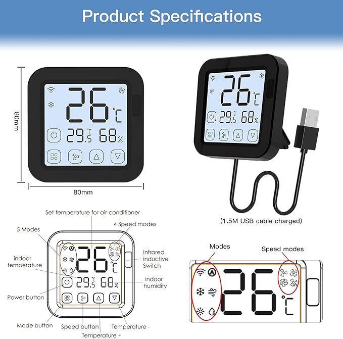Smart WiFi IR Conditioner Controller with LCD Display App Control Temperature Humidity Sensor Monitor Compatible with Home for Mini Split Portable AC