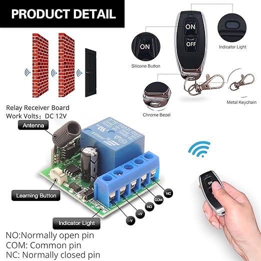 DieseRC 433Mhz Universal Wireless Remote Control Switch DC 12V 1CH RF Relay Receiver Module with 1 Transmitter, EV1527 Learning Code Remote Switch