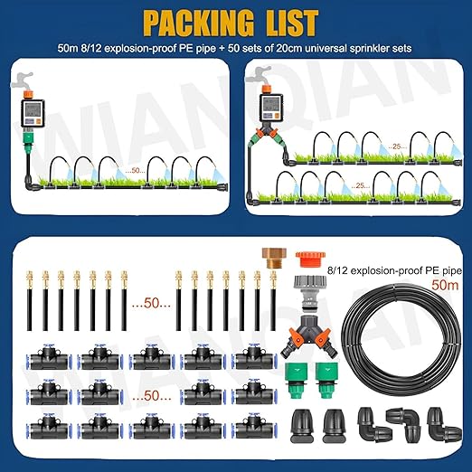 Automatic Drip Irrigation System, Nozzle Drip Irrigation Garden Watering, Greenhouse Drip Irrigation Kit, 360° Adjustable Misting Nozzle, Smart Timer 1Sec - 300 Min, Easy Installation 50m
