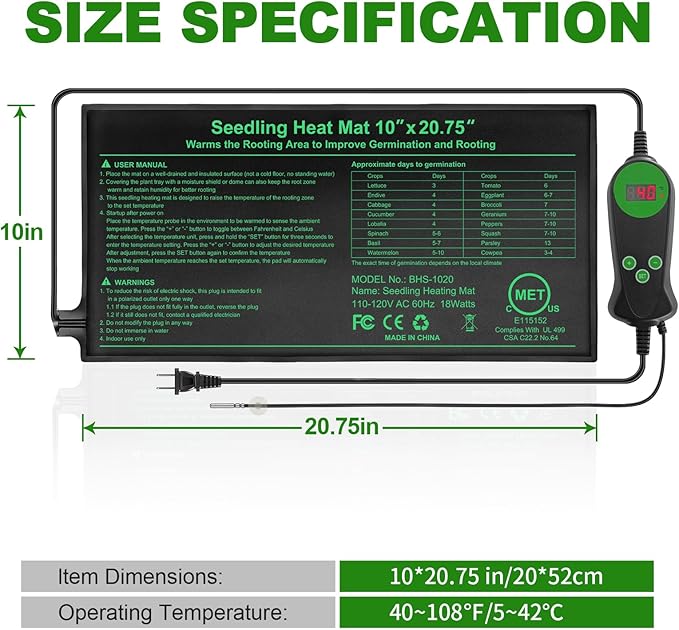 Seedling Heat Mat with Built-in Temperature Controller, 10" x 20.75" Waterproof Plant Heating Pad with Thermostat MET-Certified Warm Mat for Hydroponic,Germination, Indoor Gardening, Greenhouse