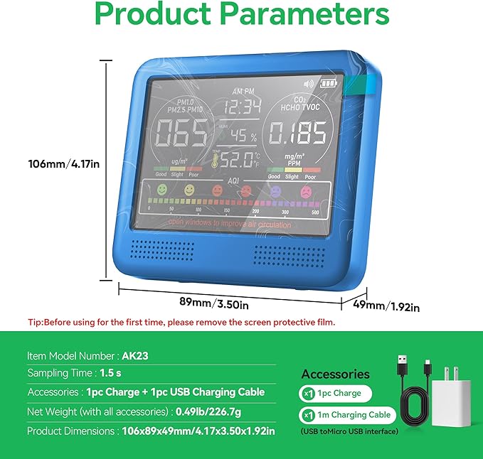 16-in-1 Indoor Air Quality Monitor with PM1.0,PM2.5,PM10,CO2,HCHO,TVOC,Temperature,Humidity,Time Display &7 AQI Alarms – Professional Air Quality Tester for Home, Office & Indoor Use (Lake Blue)