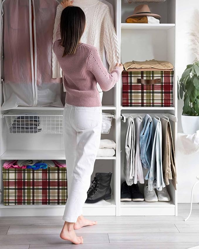 Buffalo Check Storage Bins Cubes Waterproof Cloth Storage Basket, Red Green Farmhouse Plaid Vintage Autumn Foldable Storage Bags for Shelf Closet Clothes Organizers with Handles 15x11x9.5 in 2PCS