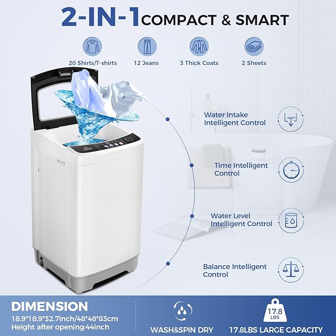 Nictemaw Portable Washing Machine, 17.8Lbs Capacity Full-Automatic Portable Washer, 2.4Cu.ft Washer and Dryer Combo with Drain Pump, 10 Programs 8 Water Levels Compact Laundry Machine for Apartment RV