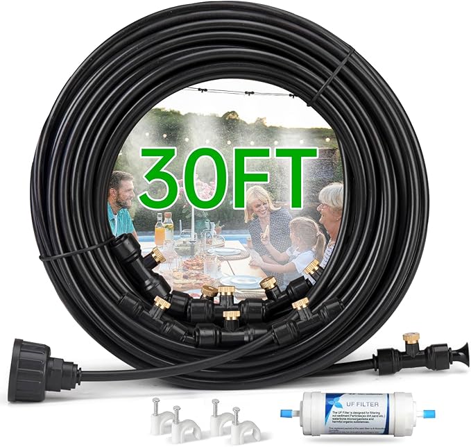 Funpynani 30FT Outdoor Misting Cooling System‌ - Patio Garden Kit with ‌Brass Nozzles & UV Tubing‌, DIY Install for ‌Pool, BBQ, Greenhouse‌, Water-Saving High Pressure Cooler