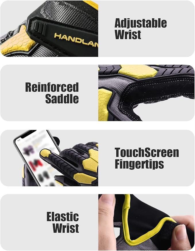 HANDLANDY HLDD Heavy Duty Work Gloves, TPR Protector Impact Gloves, Men Anti Vibration Mechanic Work Glove TouchScreen