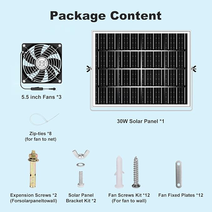 5.5" Solar Chicken Coop Fan 3 Kit, 30W Solar Powered Greenhouse Fan, Solar Exhaust & Intake Fans Outdoor Waterproof, for Outside Shed Doghouse Ventilation Air Circulation Cooling