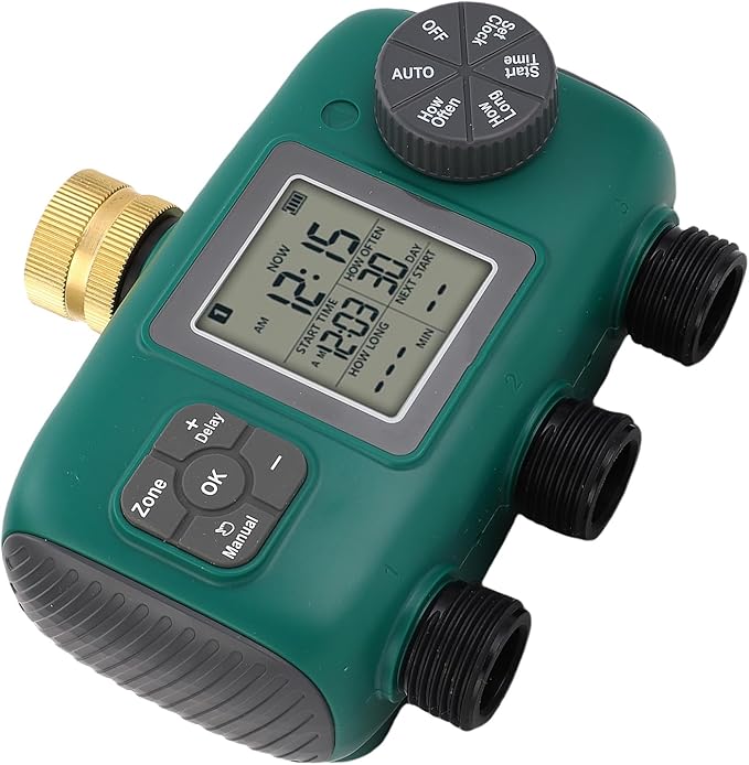 3 Outlet Sprinkler Timer with Brass Ports, Water Proof, NH4 / 3in Male Thread, LCD Display - Efficient Irrigation Controller, Adjustable Watering Schedules, Ideal for Outdoor Gar