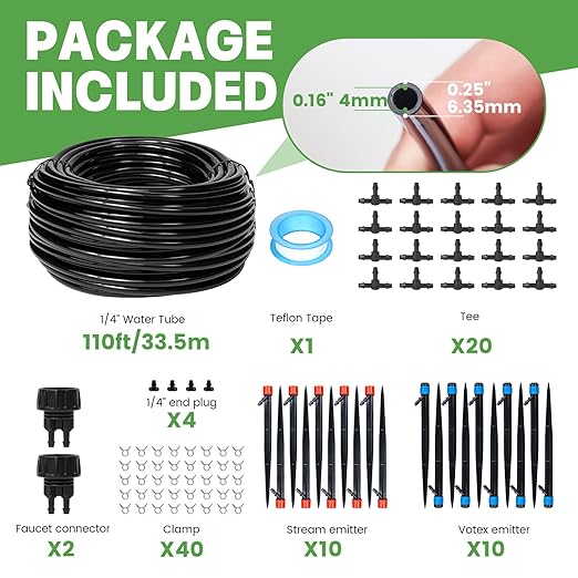 Maotong 110ft Drip Irrigation System Kit, Garden Watering System DIY Automatic Irrigation Equipment Set for Lawn Raised Bed Greenhouse Plant Watering with 1/4'' Tubing, Drip Emitters, Connectors