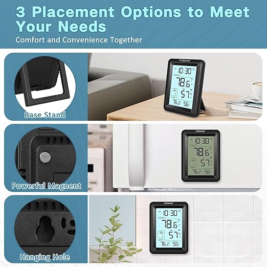 Geevon Wireless Indoor Outdoor Thermometer & Hygrometer with Remote Sensor – Digital Temperature & Humidity Monitor, Alarm, Snooze, 10s Backlight