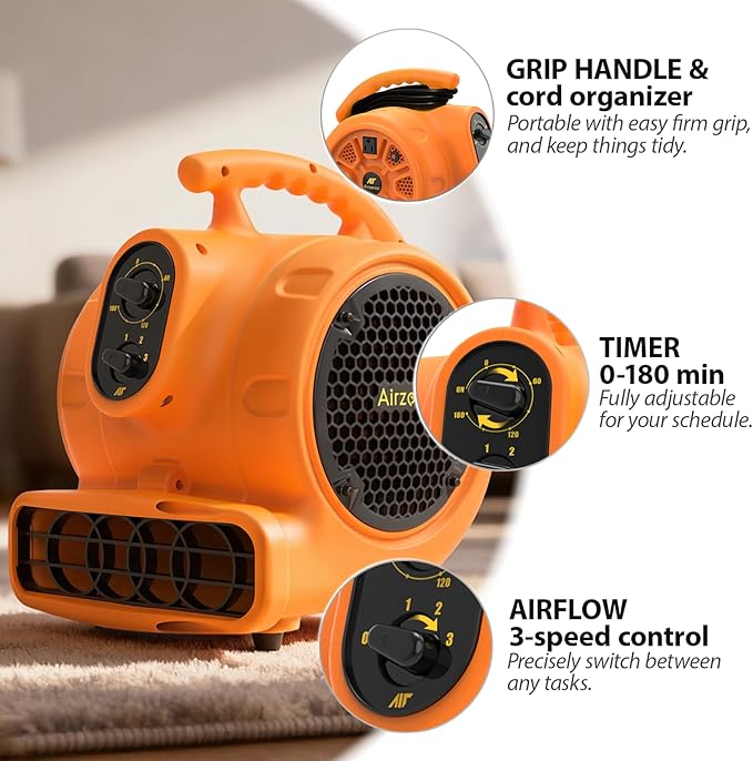 1/4 HP 1100 CFM Air Mover Blower Fan, Carpet Drying Fan, 3-Speed Stackable Utility Blower Heavy Duty High Velocity Industrial Fan with Timer for Water Damage Restoration, ETL Listed, Orange