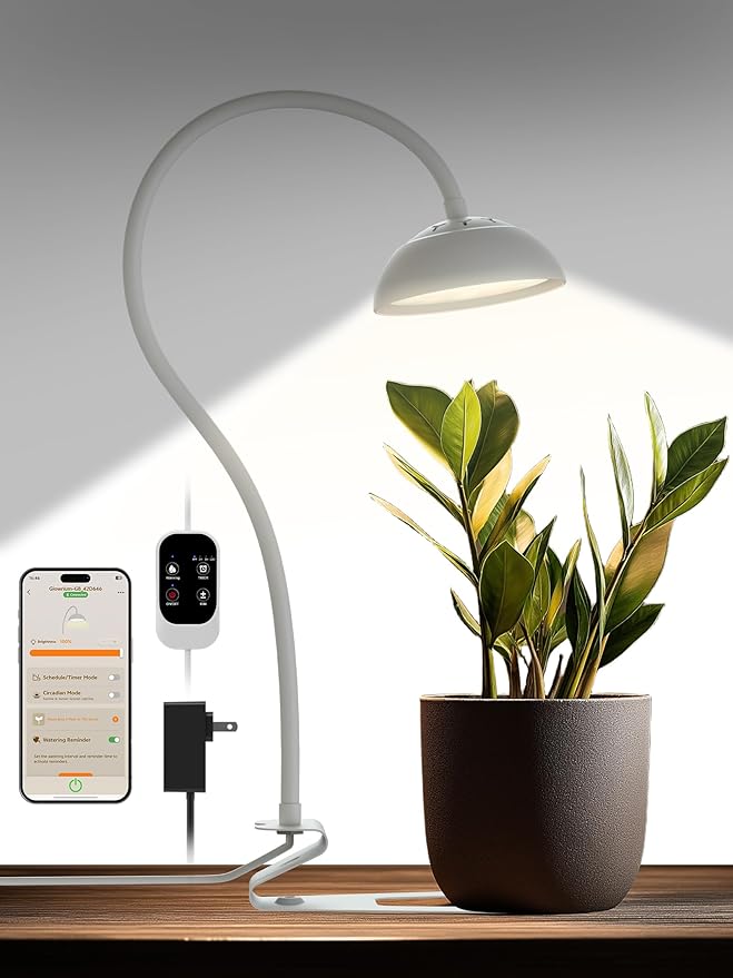 GLOWRIUM Smart Grow Lights for Indoor Plants,10W Full Spectrum LED Plant Light with 3/9/12 Timer,10 Dimmable Levels,Height Adjustable Grow Light with Base (White)
