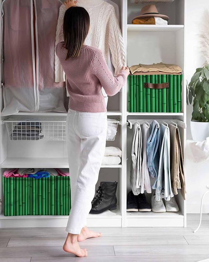 Retro Green Storage Bins Cubes Waterproof Cloth Storage Basket,Vintage Rustic Plants Trees Lines Pattern Foldable Storage Bags for Shelf Clothes Storages Organizers with Handles 15x11x9.5 in 2PCS
