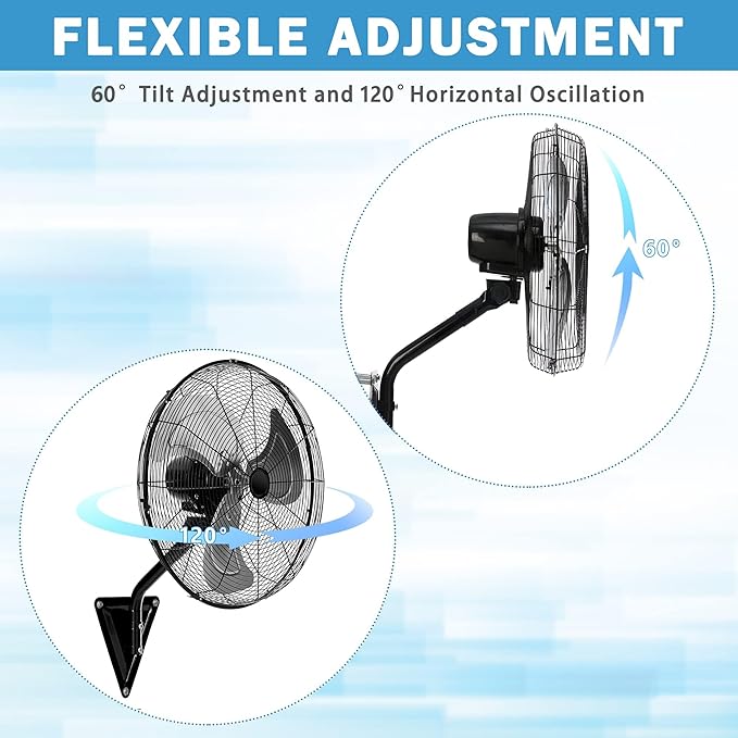 20" Wall Mount Fan, 7100CFM Heavy Duty Wall Fan with 3-Speed & Adjustable Tilt, High Velocity Industrial Oscillating Fans for Garage, Factory, Patio, Indoor, Porch, Shop & Commercial Use - ETL Listed